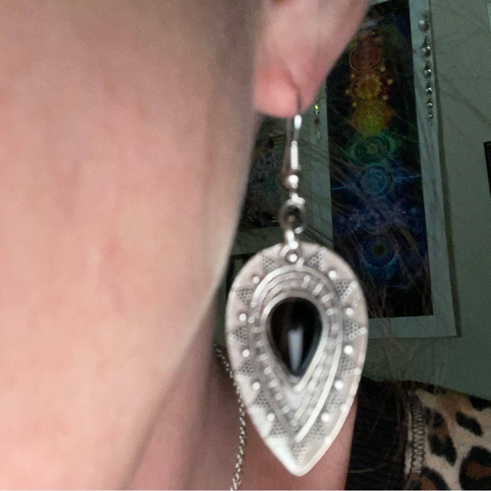 New S925 Sterling Silver Artisan Natural Polished Black Onyx Tibetan Earrings - Picture 3 of 13